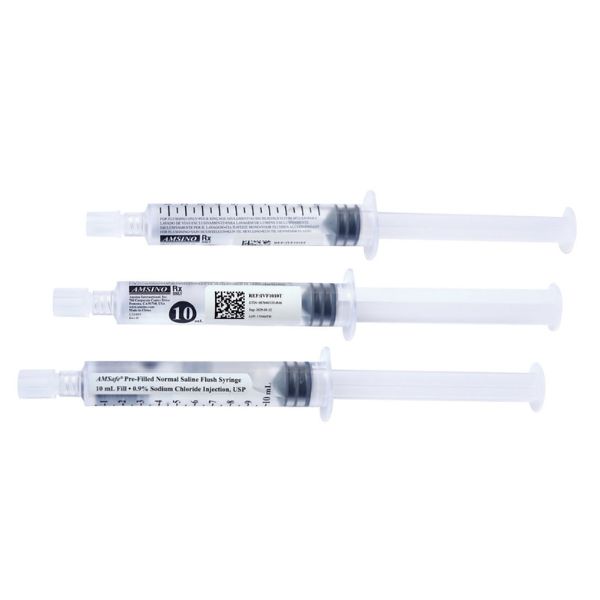 Prefilled saline flush syringes